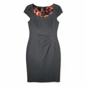 Ted Baker London Grey Wool Sheath Dress Sz 1 Cap Sleeve Floral Lined Career Midi